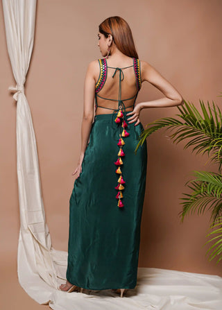 Bottle green backless bustier and drape skirt