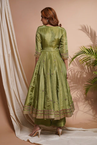 Green purple tissue silk angrakha anarkali set