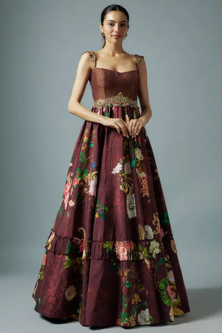 Maroon raw silk and botanical printed gown