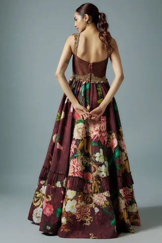 Maroon raw silk and botanical printed gown