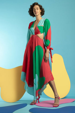 Multicolor side cut out high-low dress