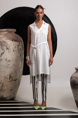 Ivory tie up high low tunic with pants