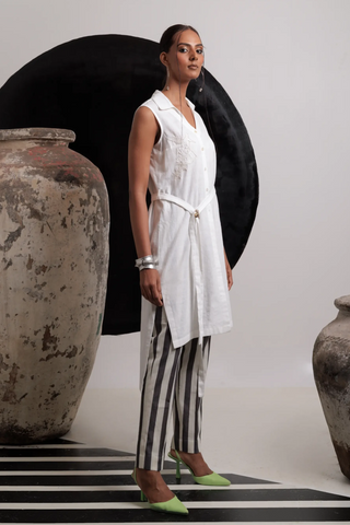 Ivory tie up high low tunic with pants