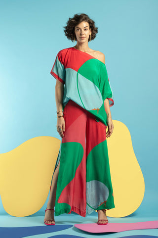 Multicolor boxy top with slit pant