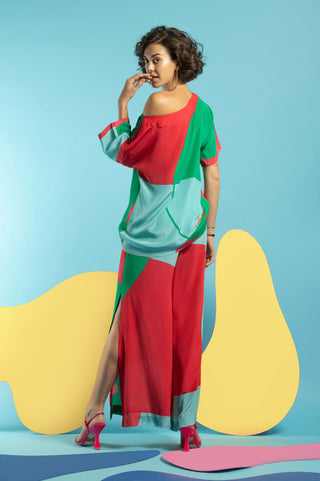 Multicolor boxy top with slit pant