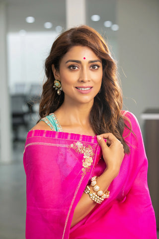 Pink organza saree with blouse