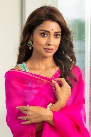 Pink organza saree with blouse