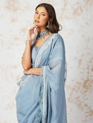 Baroque work pigeon blue saree and blouse