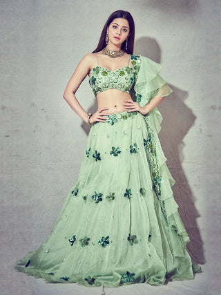 Green floral embroidered lehenga set