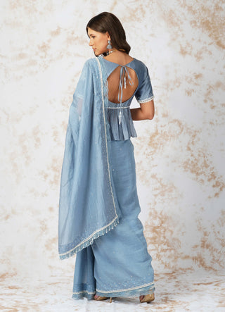 Baroque work pigeon blue saree and blouse