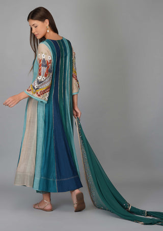 Multicolor applique sleeve anarkali set