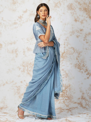 Baroque work pigeon blue saree and blouse