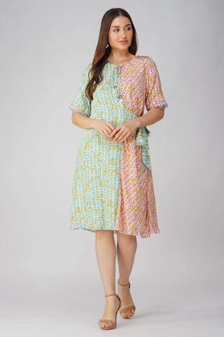 Pink blue leaf printed asymmetrical dress