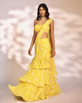 Leona yellow pre-draped saree and blouse