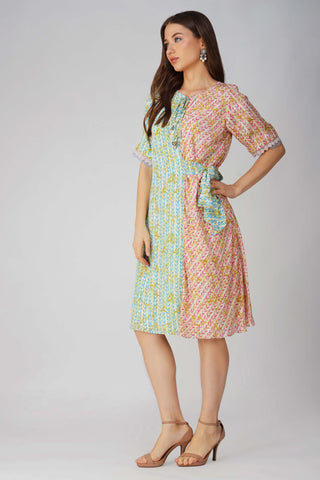 Pink blue leaf printed asymmetrical dress