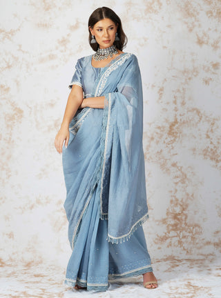 Baroque work pigeon blue saree and blouse