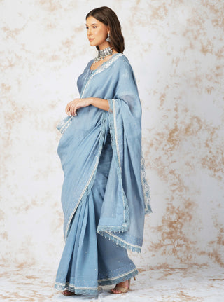 Baroque work pigeon blue saree and blouse