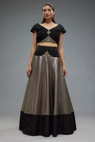 Black and gold raw silk patchwork lehenga