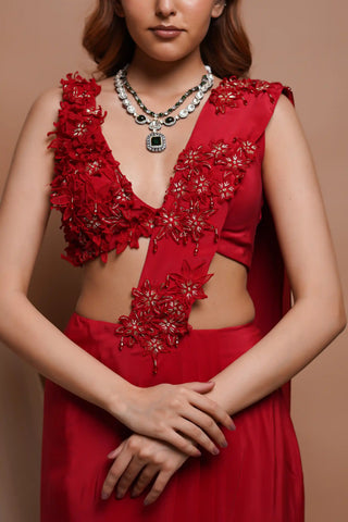 Red pre-stitched draped saree and bustier