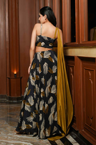 Black abstract long indo lehenga dress set