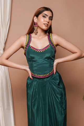 Bottle green backless bustier and drape skirt