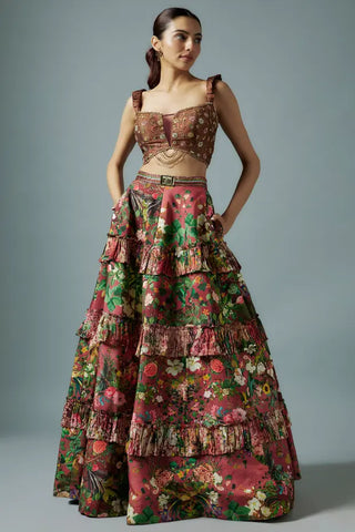 Maroon raw silk botanical printed lehenga