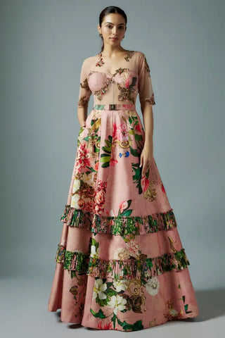 Pink raw silk and net botanical printed gown