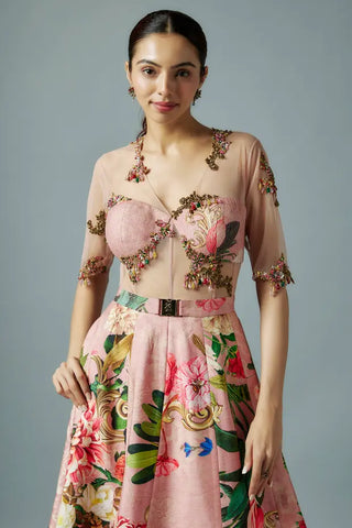 Pink raw silk and net botanical printed gown