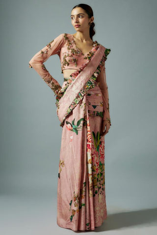 Pink raw silk and net botanical printed saree set