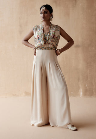 Ivory floral thread jumpsuit and jacket