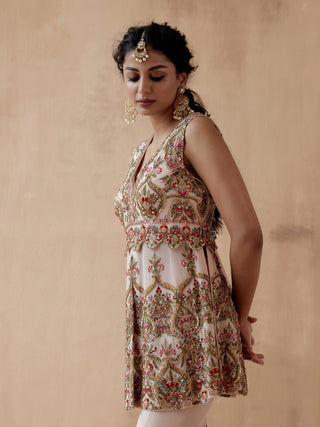 Beige floral thread kurta and sharara