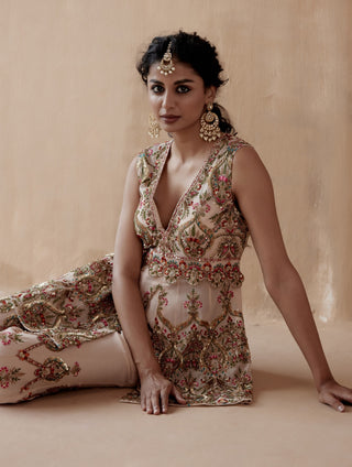 Beige floral thread kurta and sharara