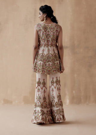 Beige floral thread kurta and sharara