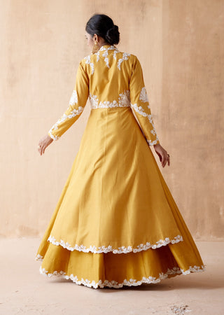 Mustard floral thread jacket and skirt