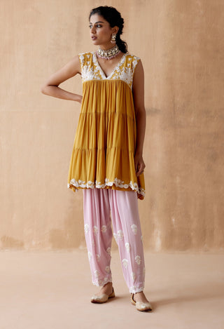 Mustard  floral thread kurta and pink pant