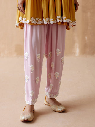 Mustard  floral thread kurta and pink pant