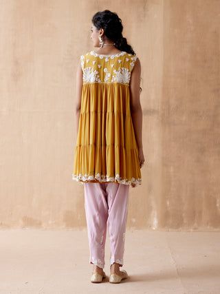 Mustard  floral thread kurta and pink pant