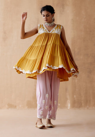 Mustard  floral thread kurta and pink pant