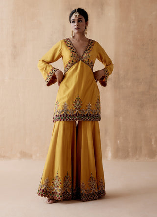 Mustard floral embroidery sharara set