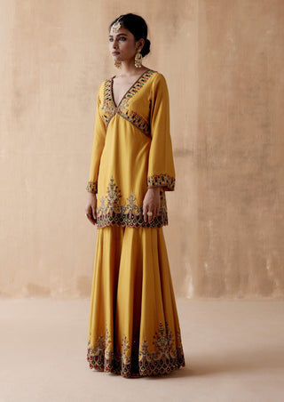 Mustard floral embroidery sharara set