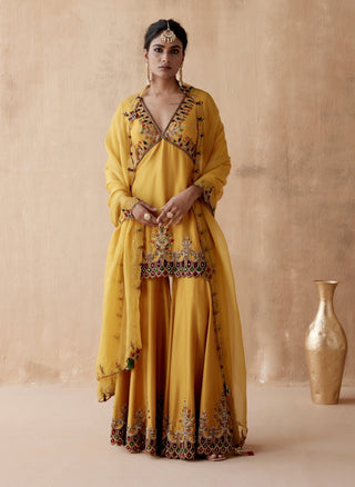 Mustard floral embroidery sharara set