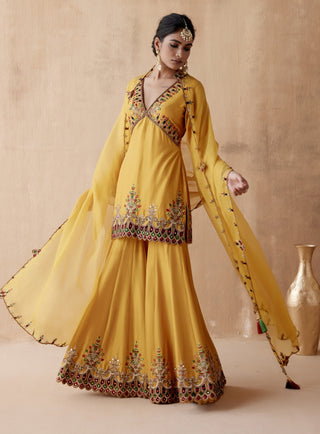 Mustard floral embroidery sharara set