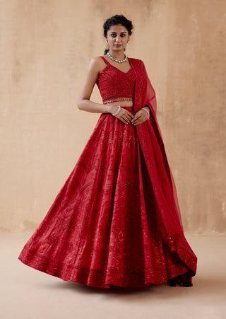 Red floral thread organza lehenga set