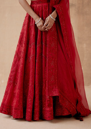 Red floral thread organza lehenga set