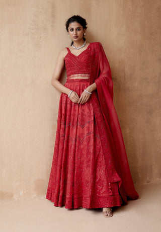 Red floral thread organza lehenga set