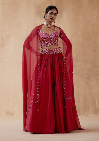 Red floral georgette lehenga set