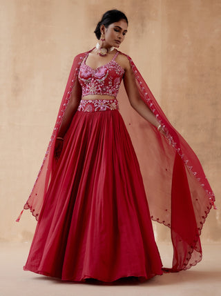 Red floral georgette lehenga set