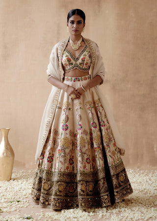 Ivory raw silk floral lehenga set