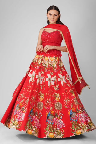 Red sky garden printed lehenga set