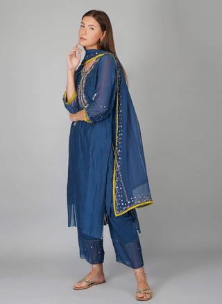 Egyptian blue sequin flower kurta set